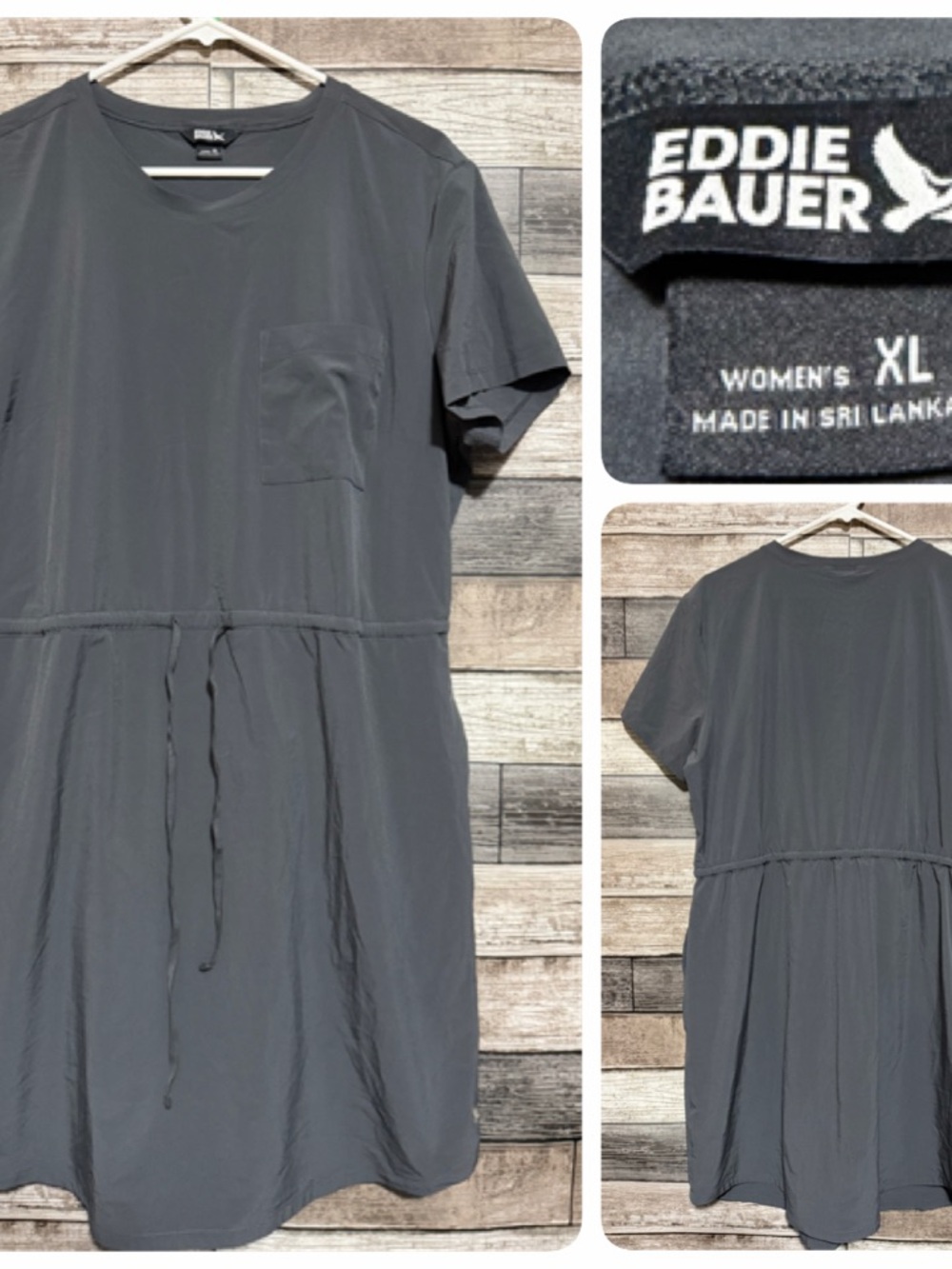 Eddie Bauer Pocket Tee Shirt Dress Hiking Women’s XL Gray Lightweight Tie Waist